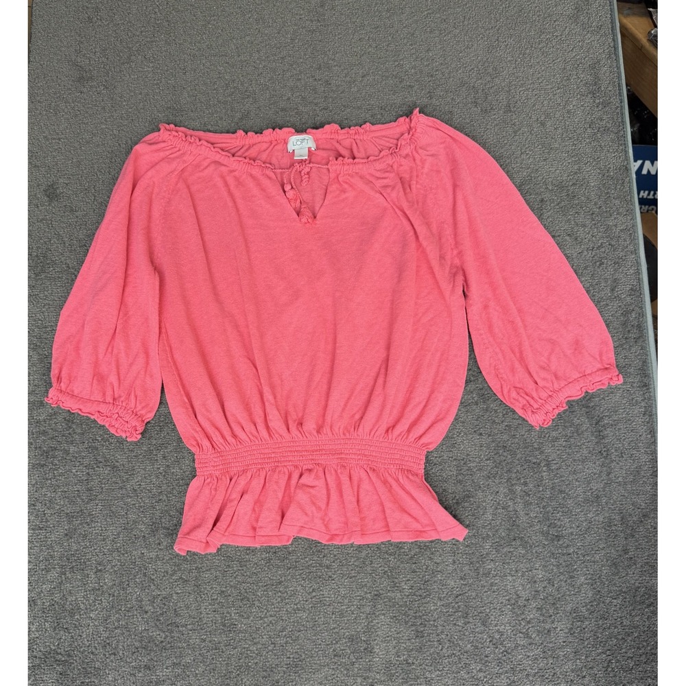 Ann Taylor Loft Coral Pink Linen Cotton Smocked Peplum Blouse XL Tassel Ruffle